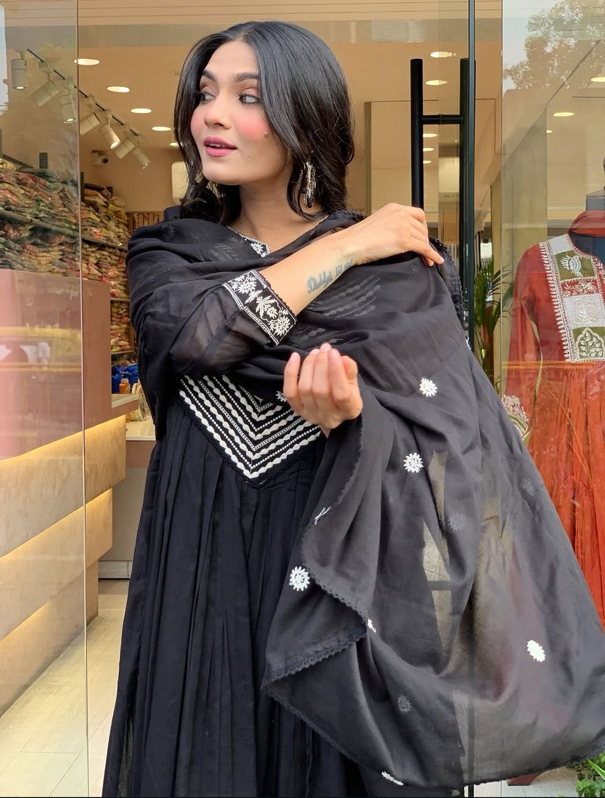 cotton designer embroidered Anarkali 3-piece set